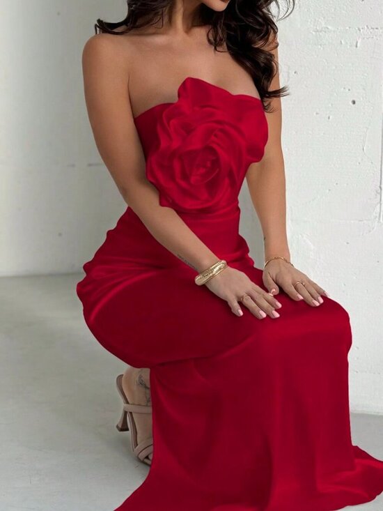Dresses & Skirts - Burgundy Elegant Women's 3D Floral Satin Maxi Dress